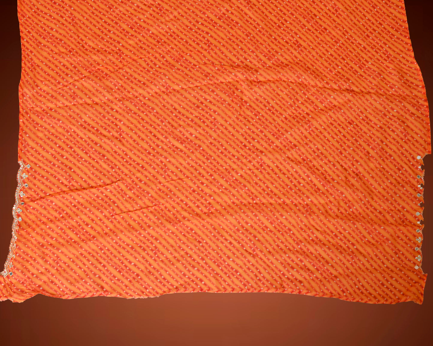 Orange Crape Georgette Leheriya Saree with Mirror Work Border