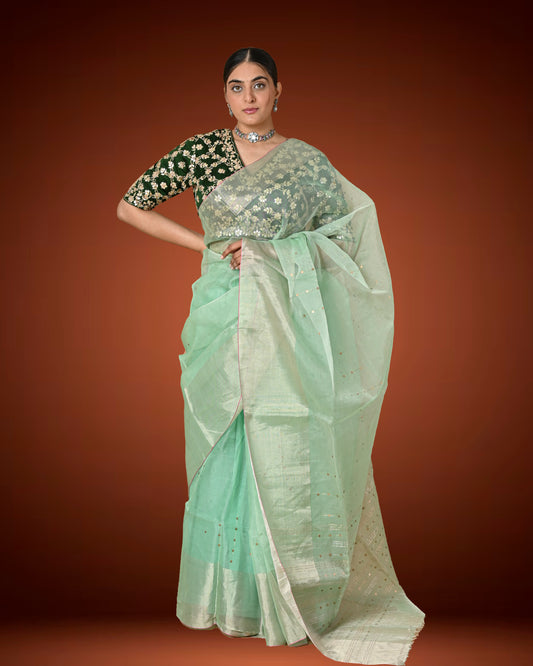 Kosa Silk Saree in Pastel Green with Sequins Woven Pallu & Contrast Dark Blouse