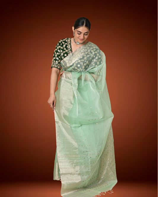Kosa Silk Saree in Pastel Green with Sequins Woven Pallu & Contrast Dark Blouse