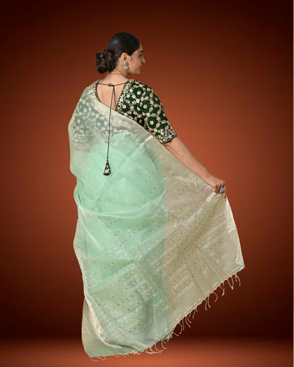 Kosa Silk Saree in Pastel Green with Sequins Woven Pallu & Contrast Dark Blouse