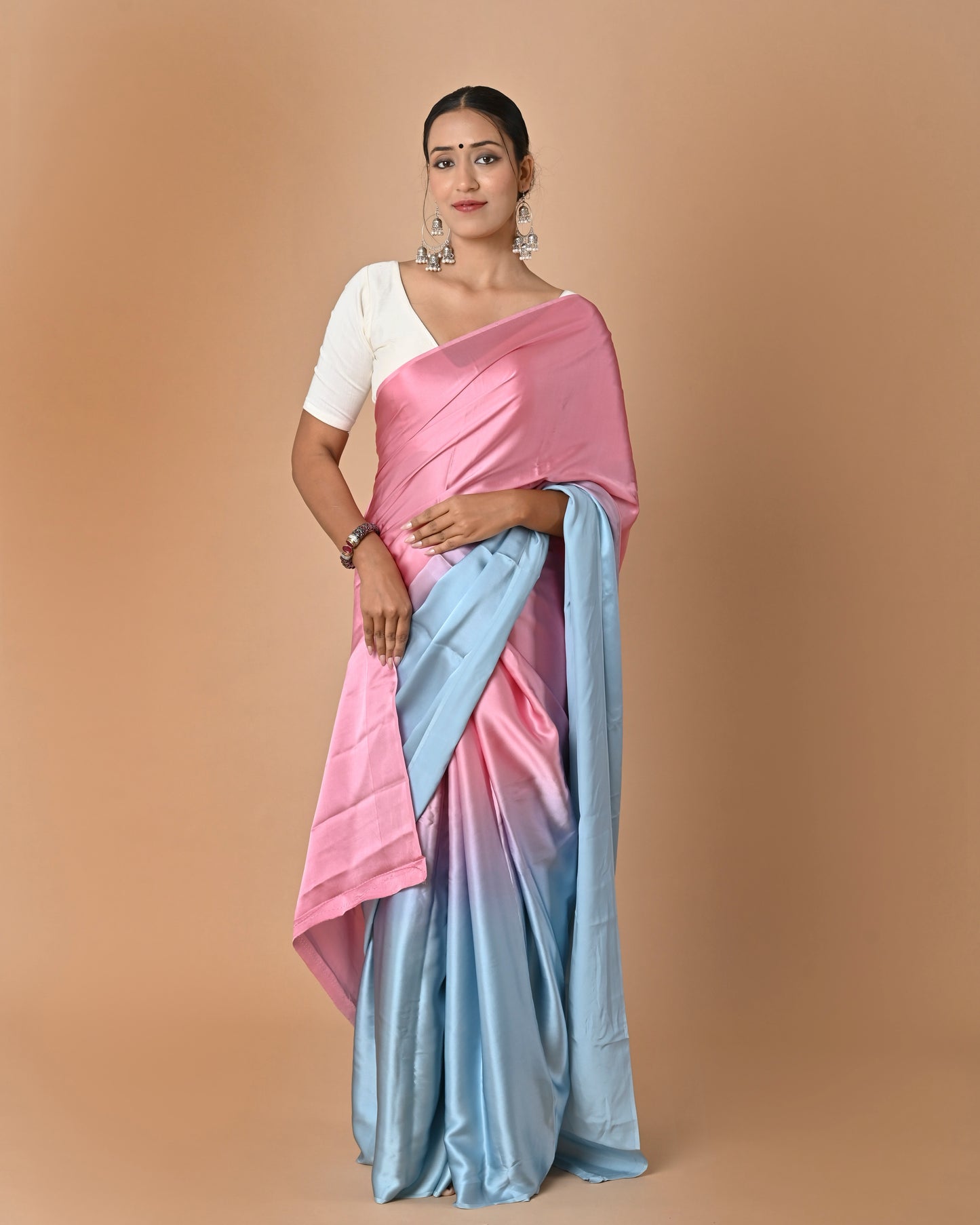 Shaded Crepe Silk Saree in Pastel Pink & Blue with Brocade Blouse