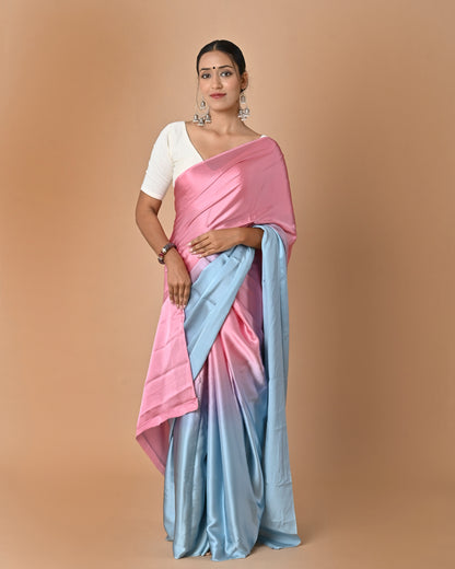 Shaded Crepe Silk Saree in Pastel Pink & Blue with Brocade Blouse