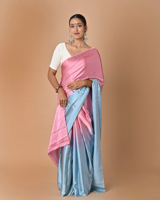 Shaded Crepe Silk Saree in Pastel Pink & Blue with Brocade Blouse