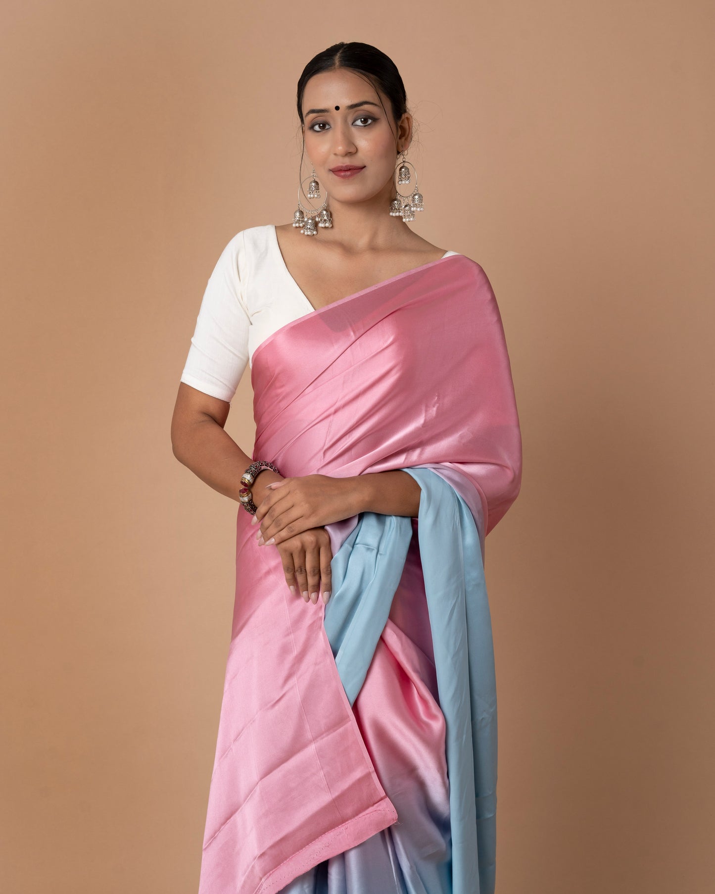 Shaded Crepe Silk Saree in Pastel Pink & Blue with Brocade Blouse