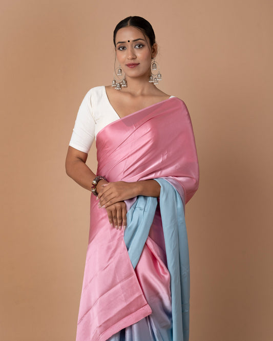 Shaded Crepe Silk Saree in Pastel Pink & Blue with Brocade Blouse