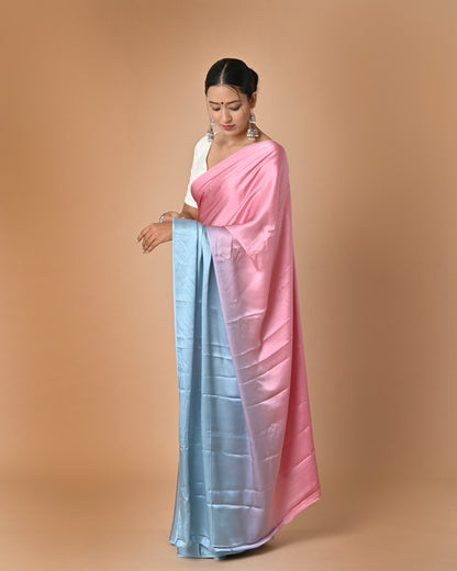 Shaded Crepe Silk Saree in Pastel Pink & Blue with Brocade Blouse