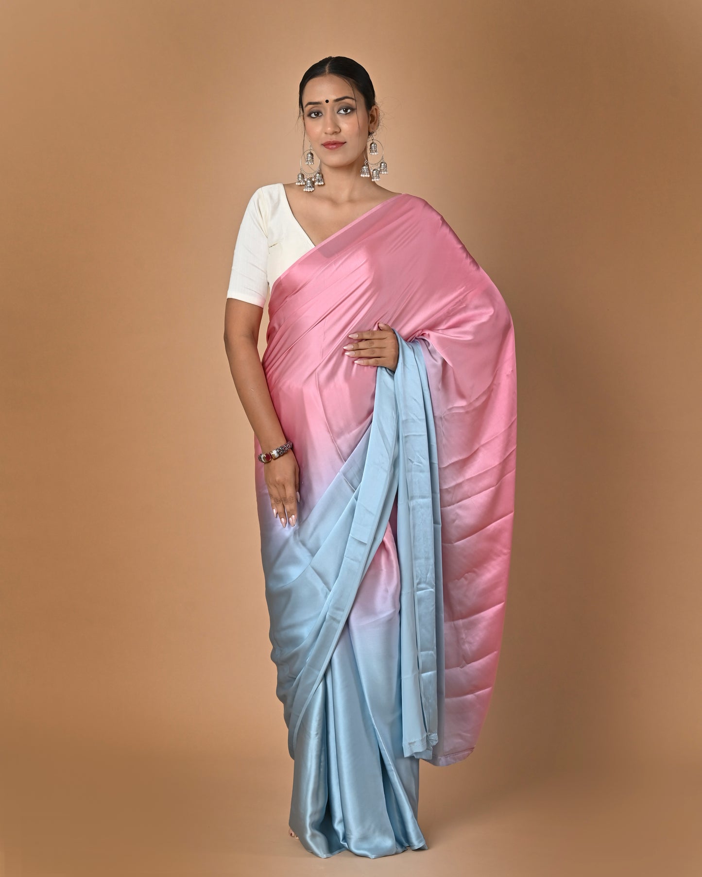Shaded Crepe Silk Saree in Pastel Pink & Blue with Brocade Blouse