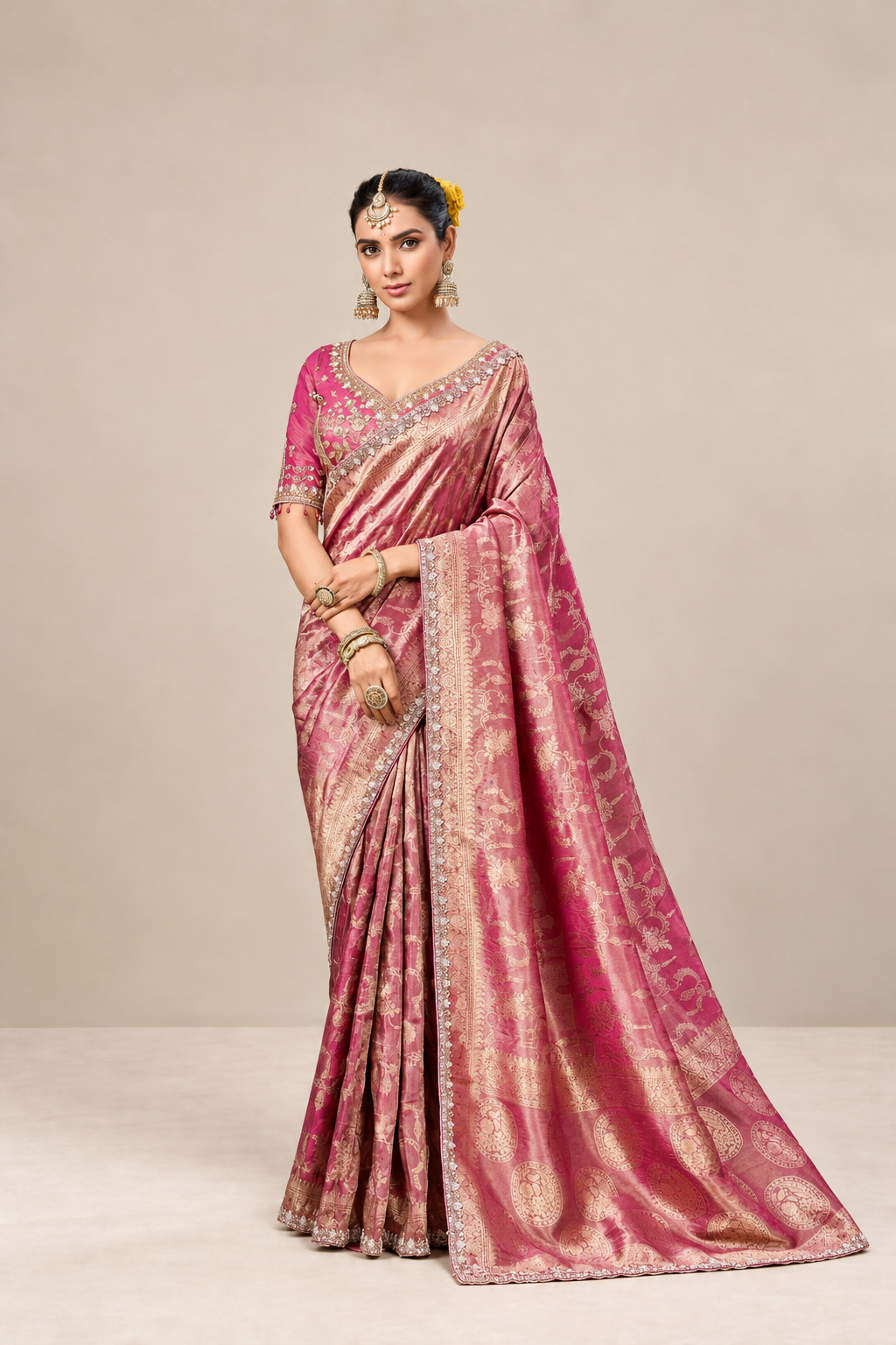 Rani Pink Floral Woven Silk Saree with Gold Zari Border