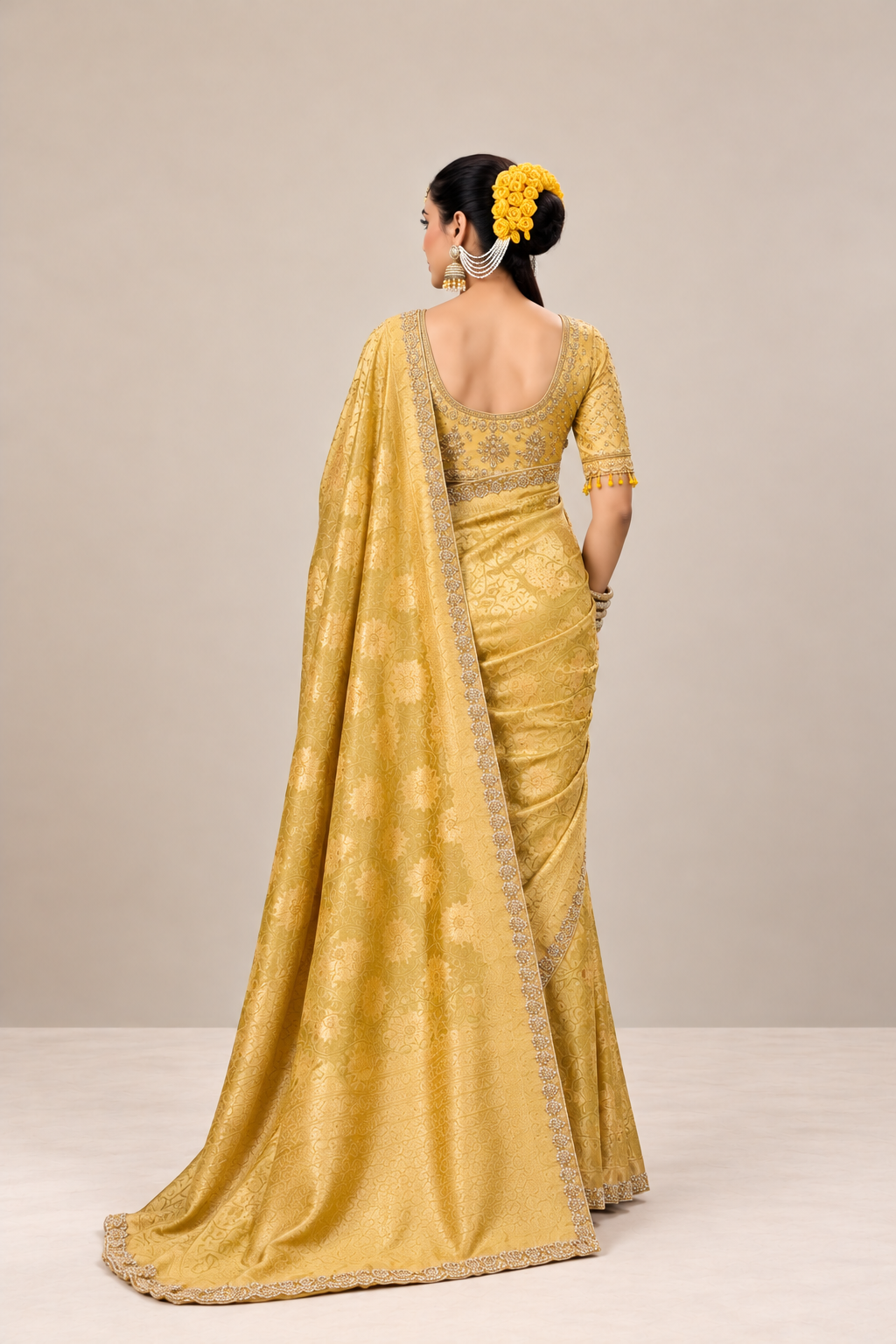 Golden Mustard Floral Woven Silk Saree with Embellished Border