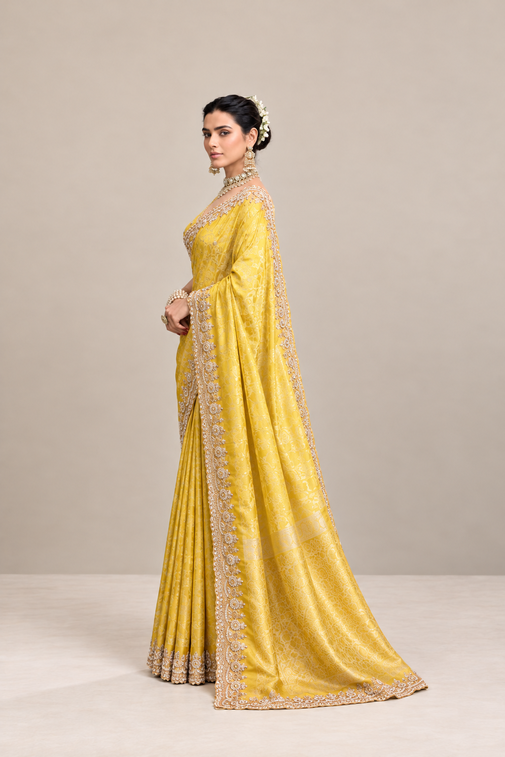 Golden Yellow Floral Woven Silk Saree with Embellished Zari Border