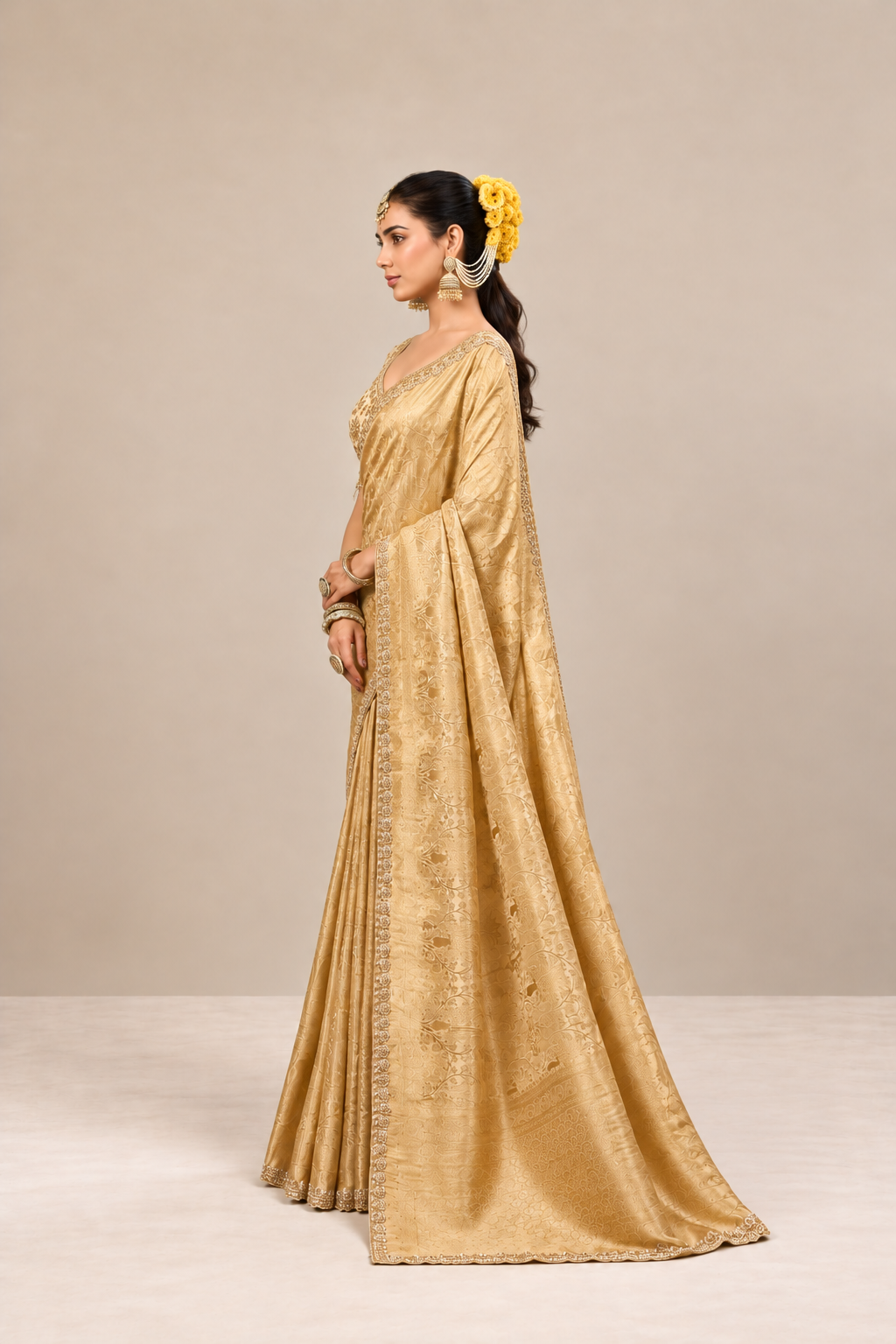 Champagne Gold Floral Woven Silk Saree with Embellished Border