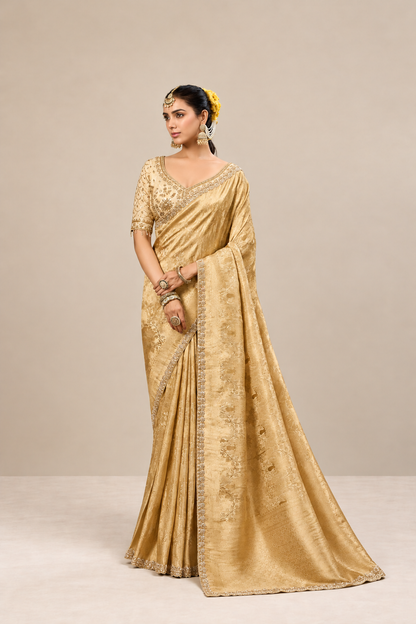 Champagne Gold Floral Woven Silk Saree with Embellished Border
