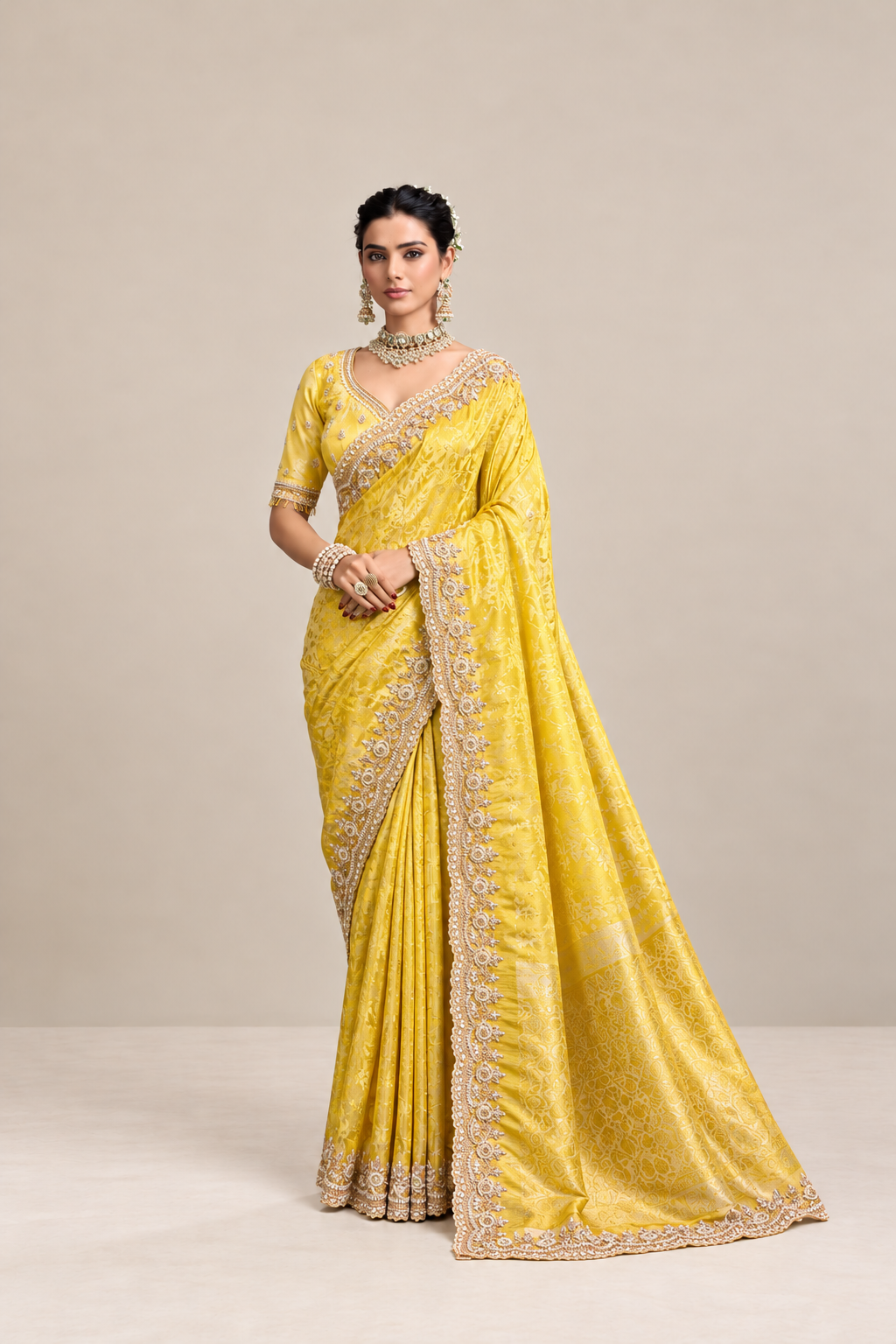 Golden Yellow Floral Woven Silk Saree with Embellished Zari Border