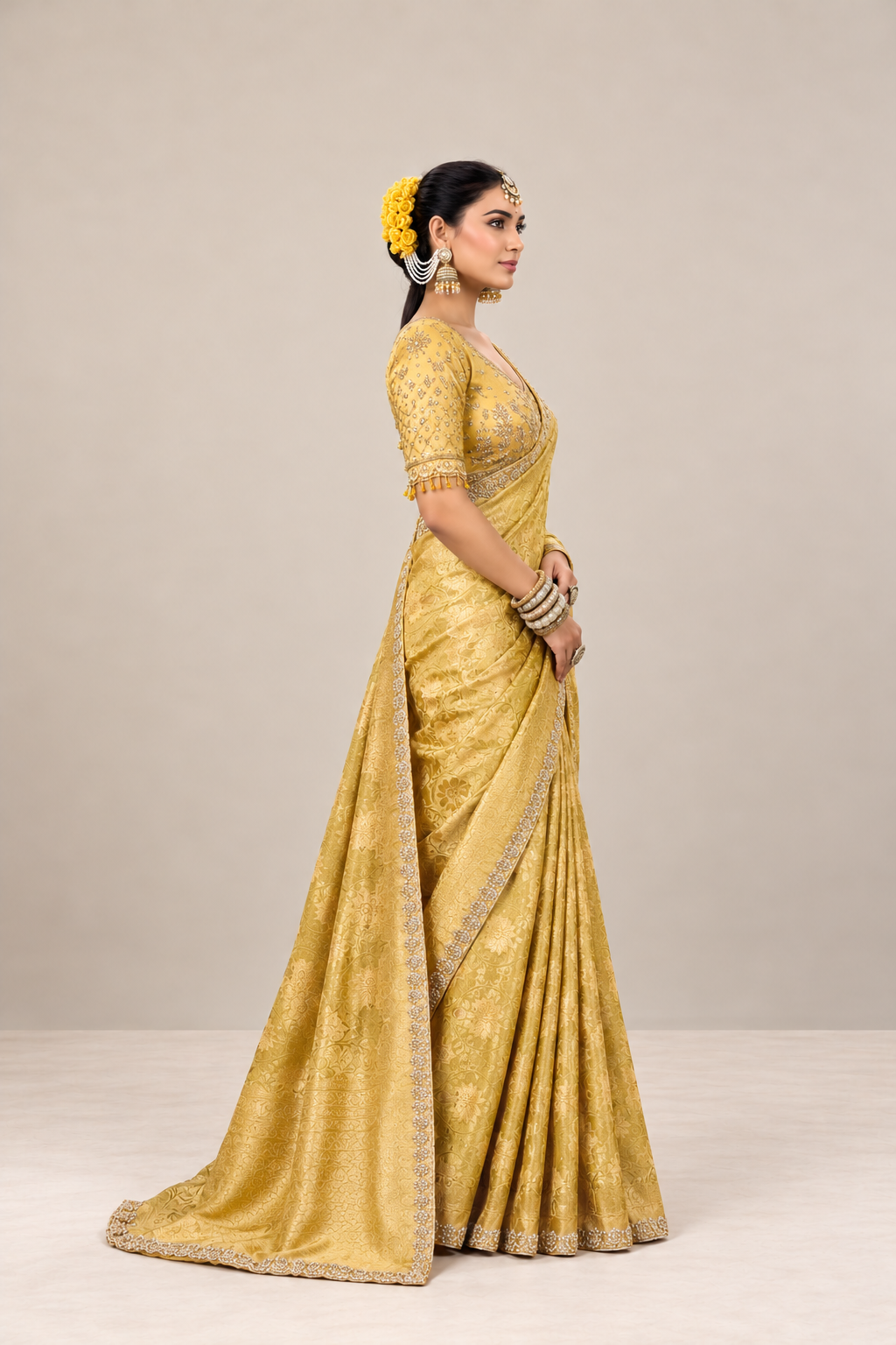 Golden Mustard Floral Woven Silk Saree with Embellished Border