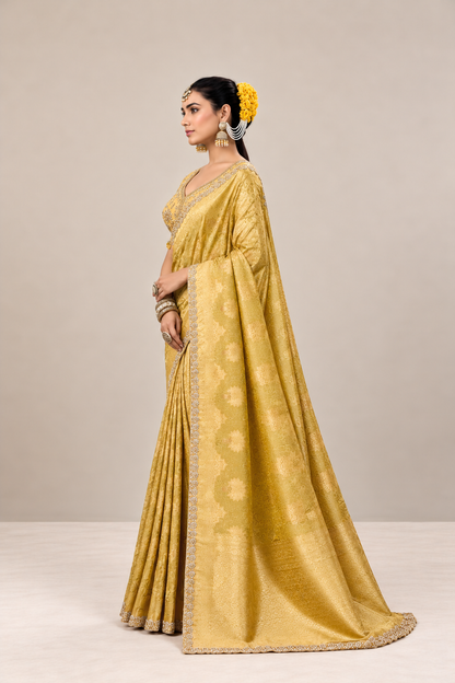 Golden Mustard Floral Woven Silk Saree with Embellished Border