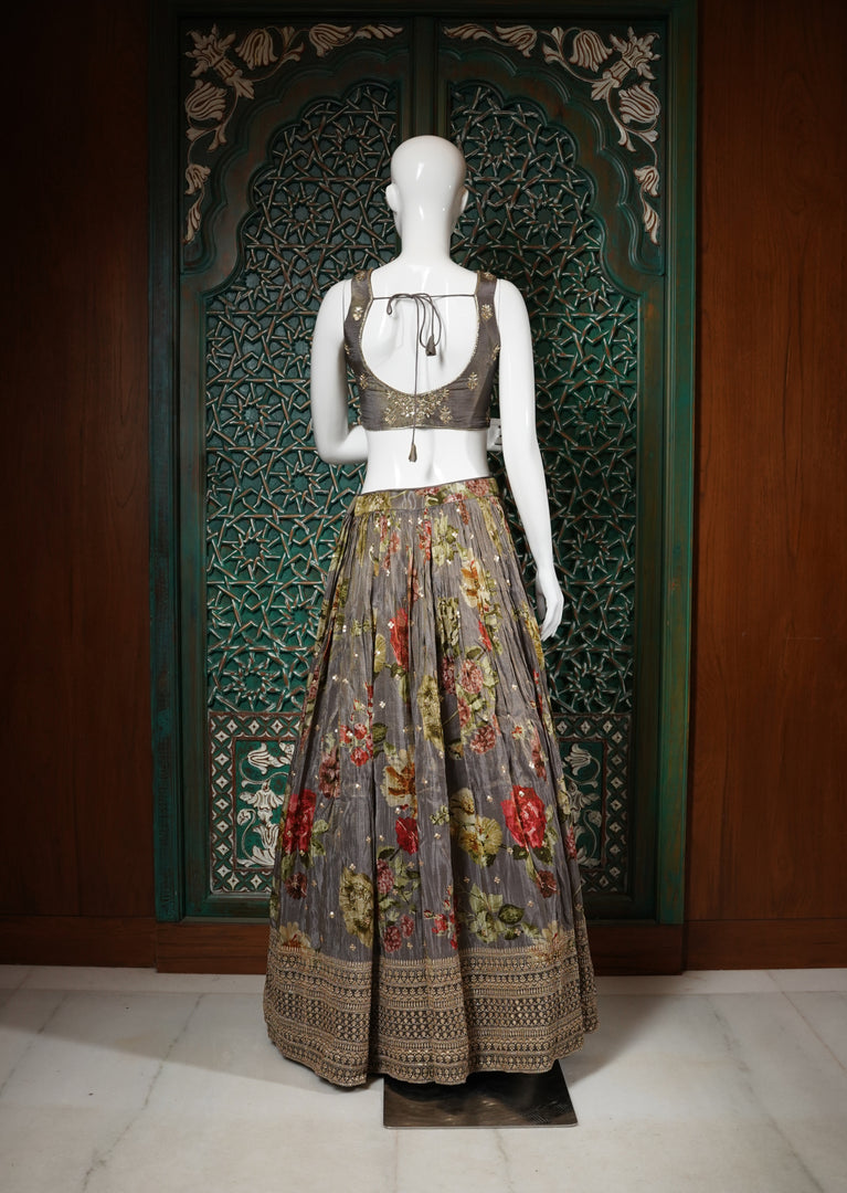 Grey Floral Printed Lehenga Choli