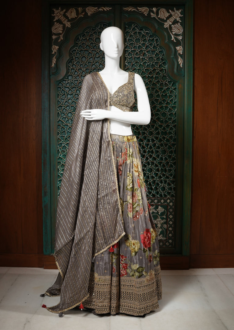 Grey Floral Printed Lehenga Choli