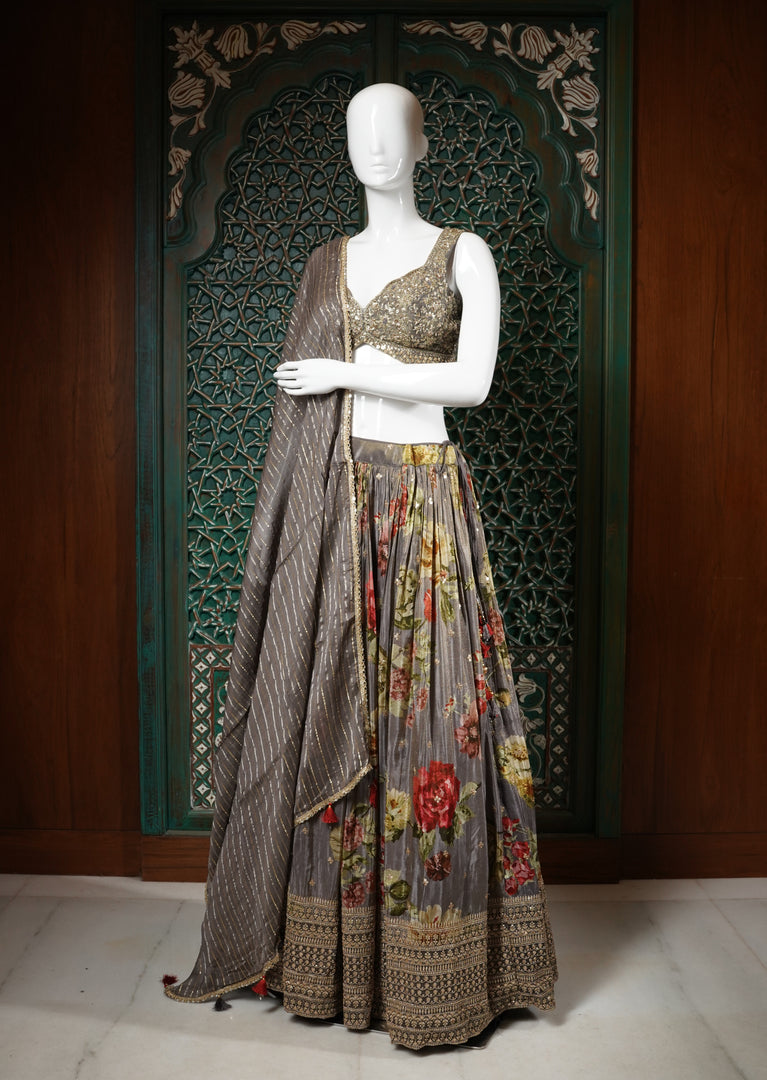 Grey Floral Printed Lehenga Choli