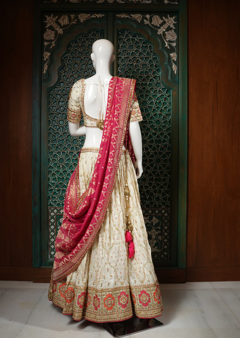 Ivory and Pink Embroidered Lehenga Choli