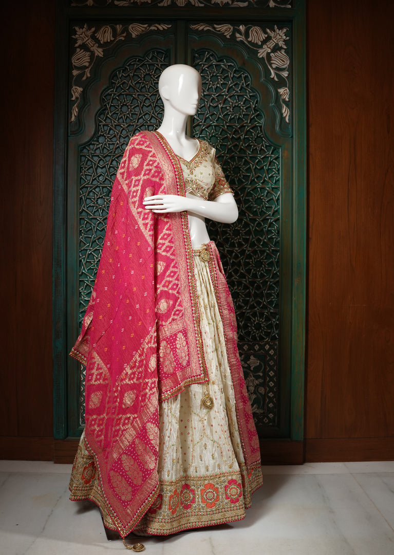 Ivory and Pink Embroidered Lehenga Choli