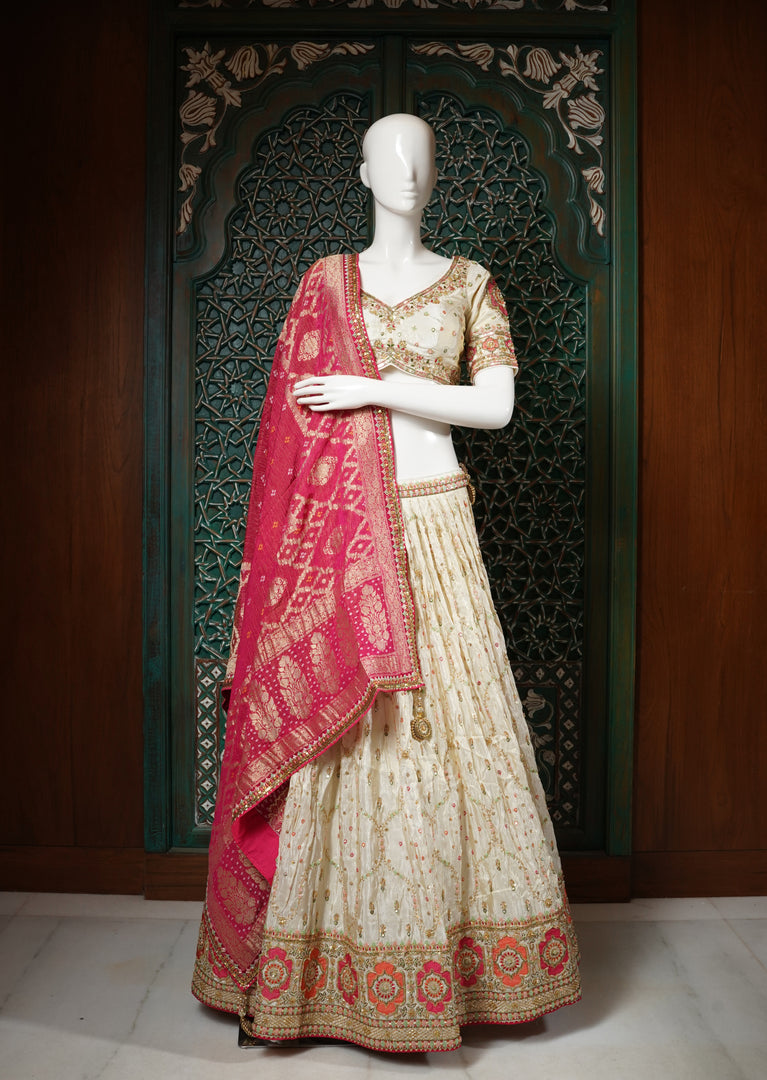 Ivory and Pink Embroidered Lehenga Choli