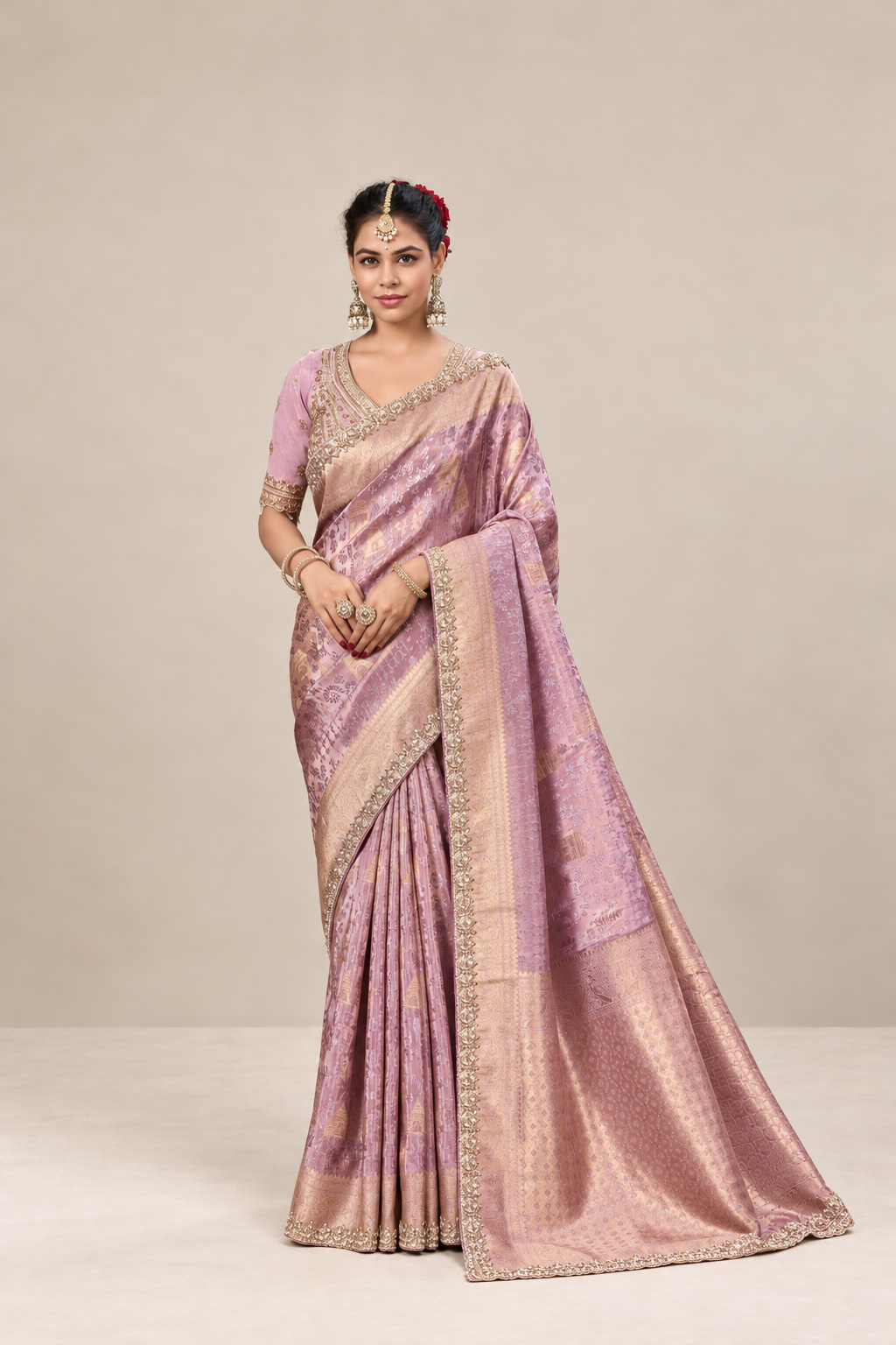 Lavender Pink Floral Woven Silk Saree with Gold Zari Border