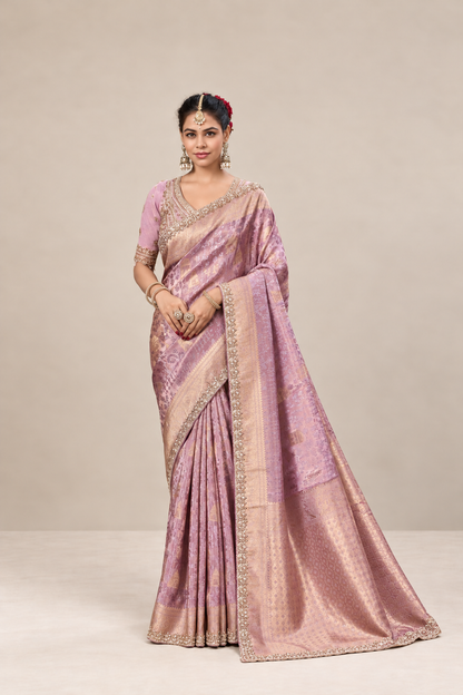 Lavender Pink Floral Woven Silk Saree with Gold Zari Border