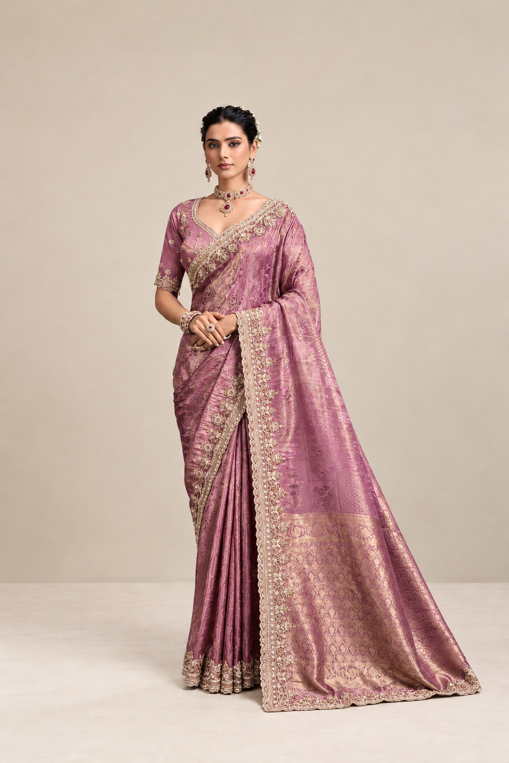 Mauve Purple Floral Woven Silk Saree with Embellished Zari Border