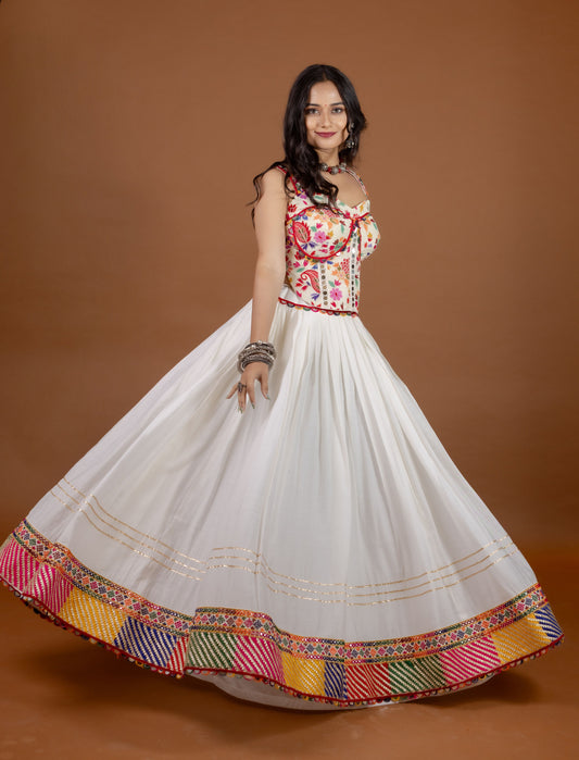 Festive White Chaniya Choli Set with Traditional Kachi Embroidery & Mirror Border