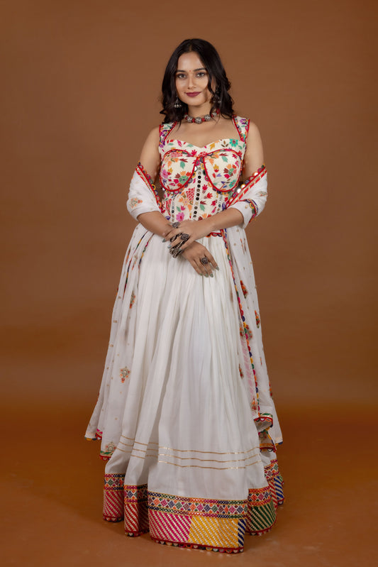 Festive White Chaniya Choli Set with Traditional Kachi Embroidery & Mirror Border