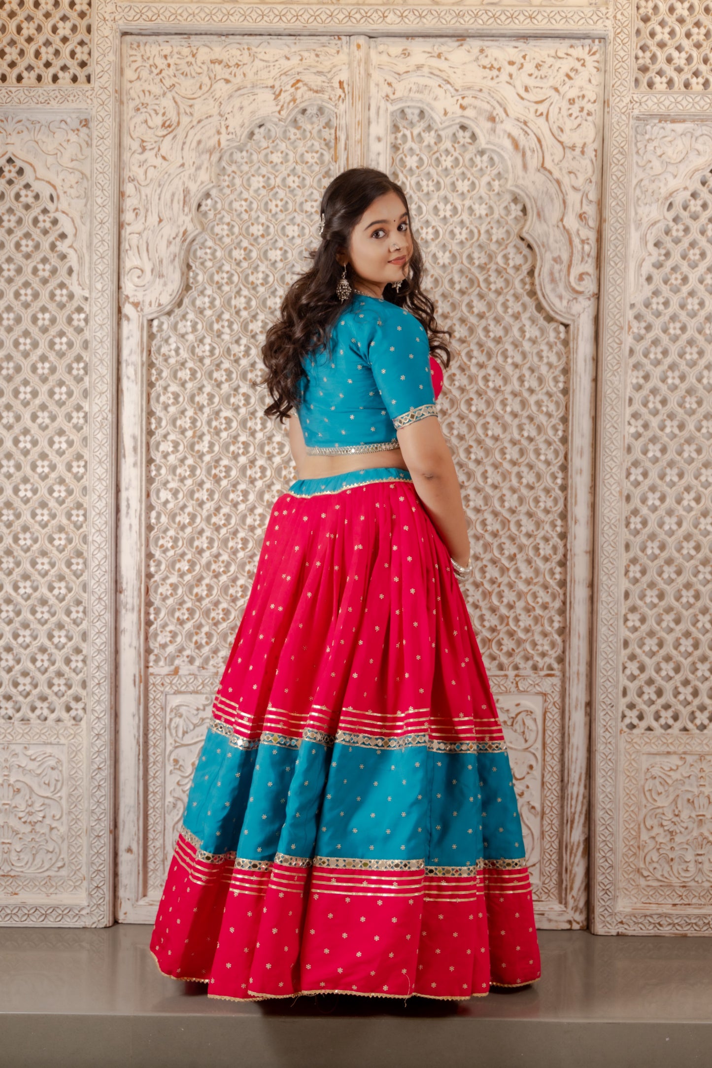Contrast Panel Traditional Lehenga with Mirror Work and Jacket Blouse