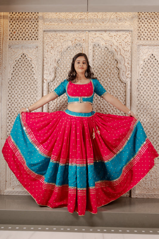 Contrast Panel Traditional Lehenga with Mirror Work and Jacket Blouse