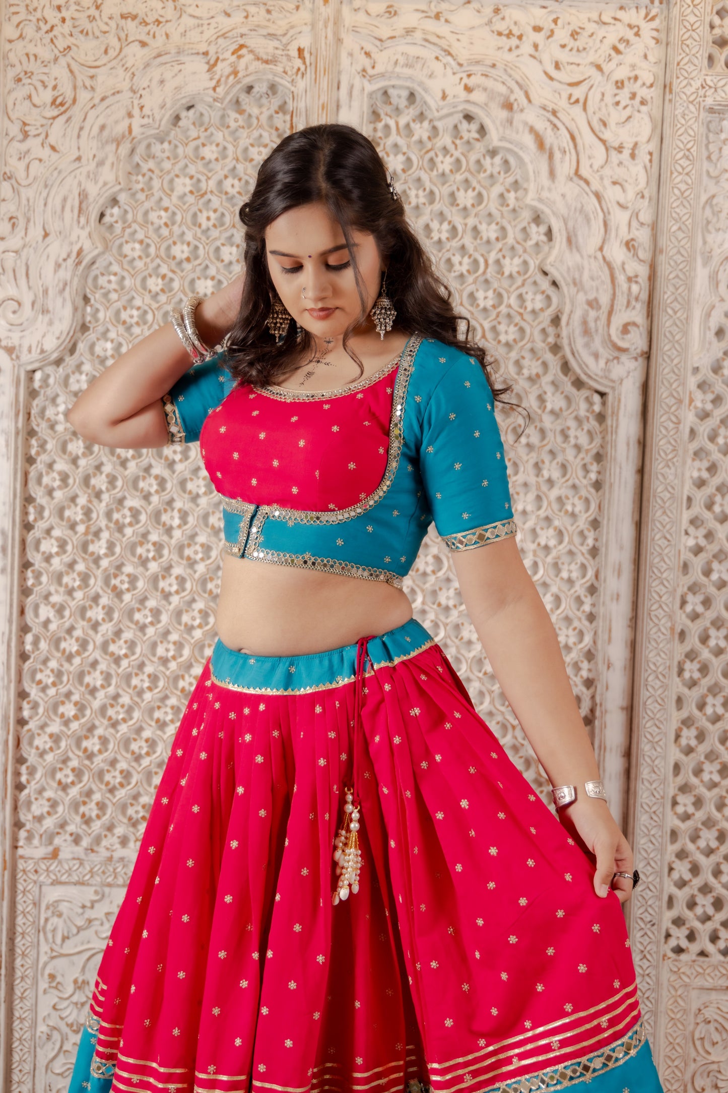 Contrast Panel Traditional Lehenga with Mirror Work and Jacket Blouse