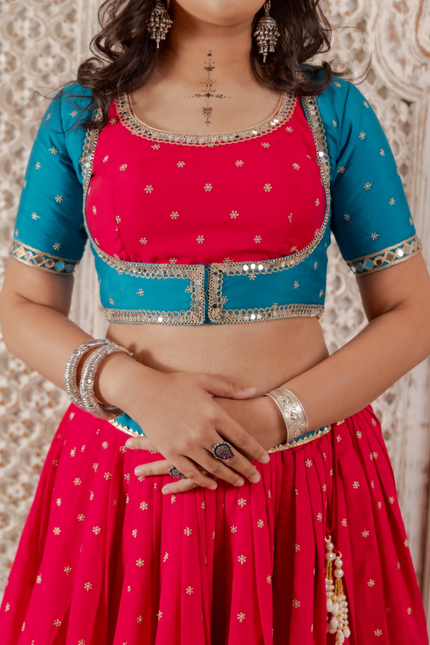 Contrast Panel Traditional Lehenga with Mirror Work and Jacket Blouse