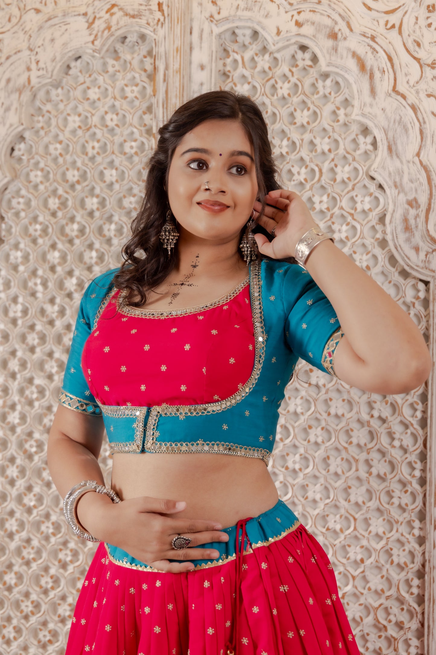 Contrast Panel Traditional Lehenga with Mirror Work and Jacket Blouse