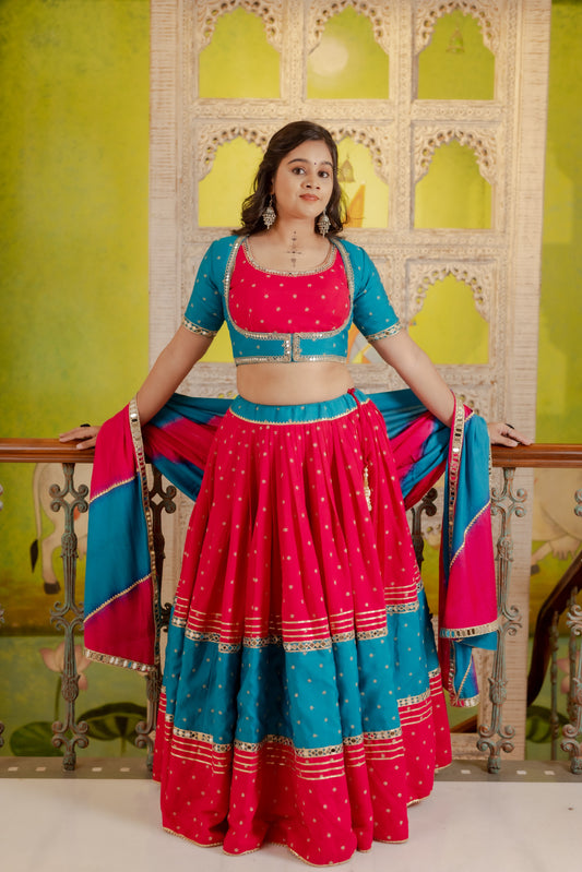 Contrast Panel Traditional Lehenga with Mirror Work and Jacket Blouse