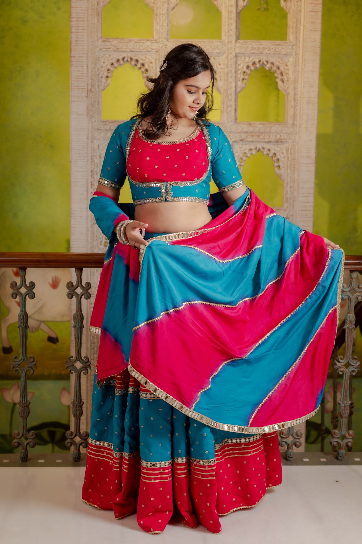 Contrast Panel Traditional Lehenga with Mirror Work and Jacket Blouse