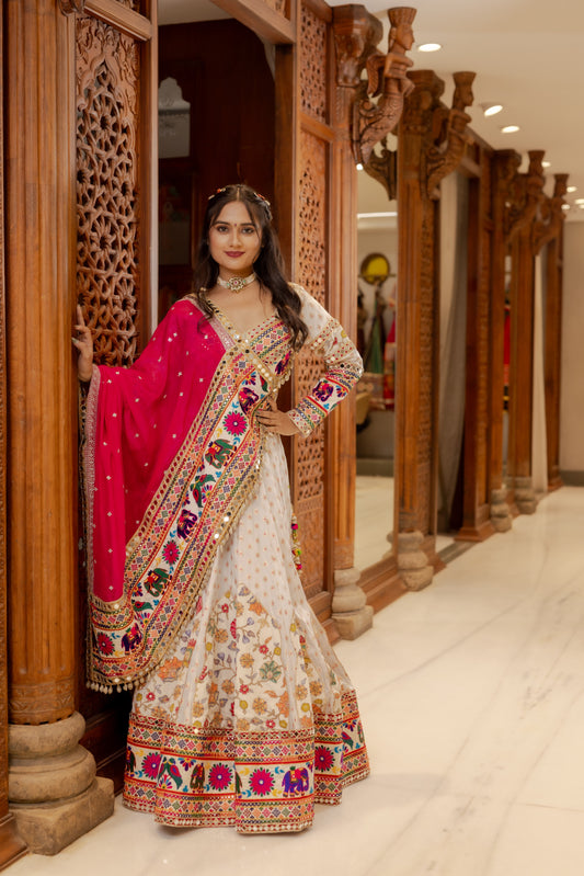 White Resham Lehenga with Darbari Elephant Border & Rani Dupatta