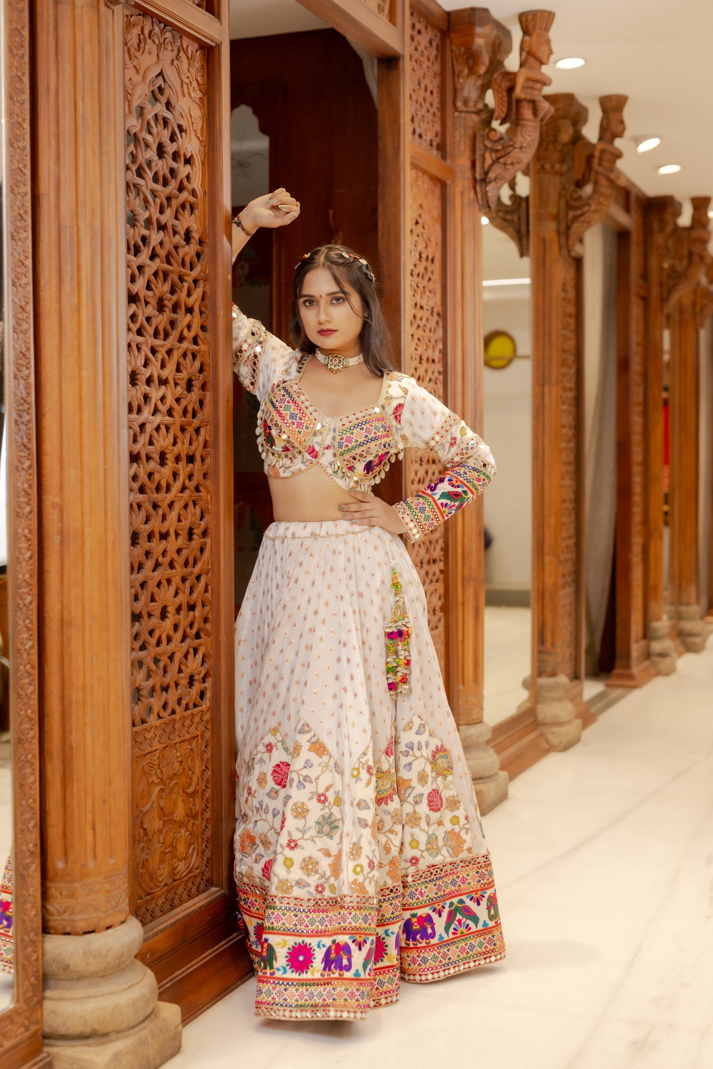 White Resham Lehenga with Darbari Elephant Border & Rani Dupatta