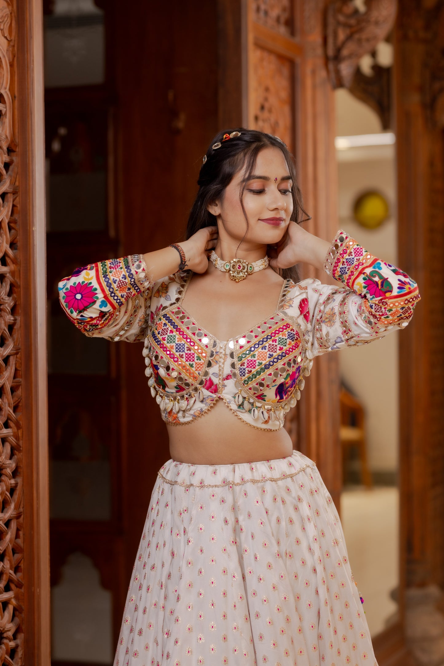 White Resham Lehenga with Darbari Elephant Border & Rani Dupatta