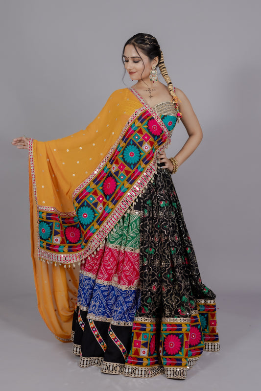 Chiffon Multicolor Kali Lehenga with Mirror Work Blouse & Abhla Border Dupatta