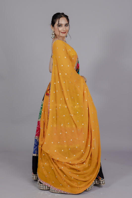 Chiffon Multicolor Kali Lehenga with Mirror Work Blouse & Abhla Border Dupatta