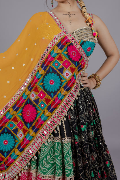Chiffon Multicolor Kali Lehenga with Mirror Work Blouse & Abhla Border Dupatta