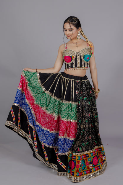 Chiffon Multicolor Kali Lehenga with Mirror Work Blouse & Abhla Border Dupatta
