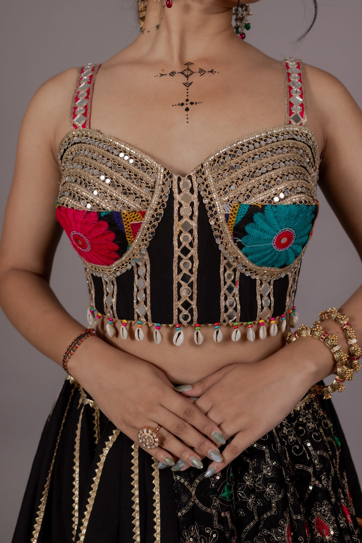 Chiffon Multicolor Kali Lehenga with Mirror Work Blouse & Abhla Border Dupatta