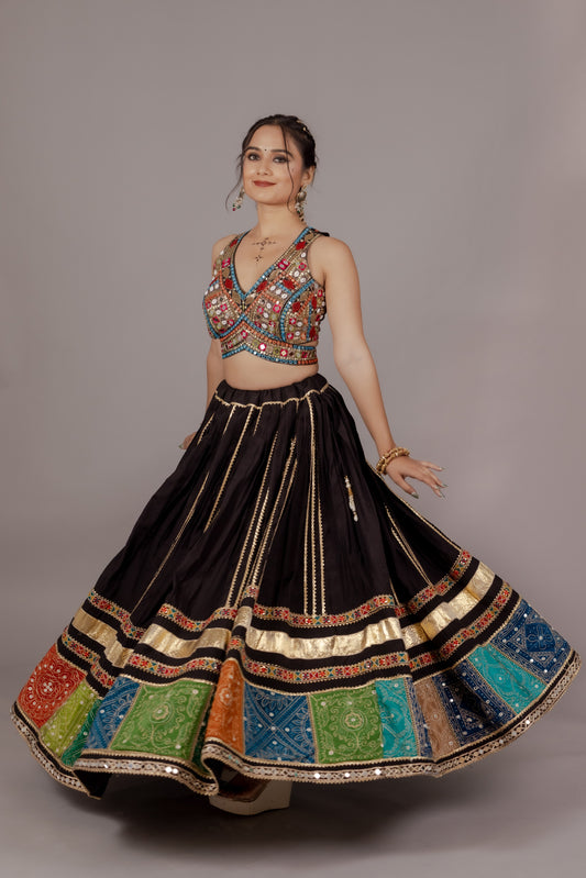 Regal Rutu Black Chaniya Choli with Multicolor Patchwork & Teal Dupatta
