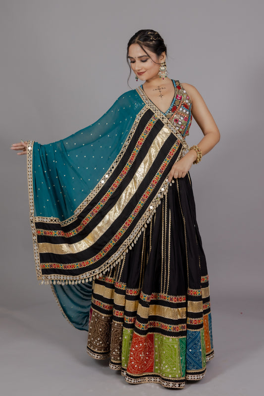 Regal Rutu Black Chaniya Choli with Multicolor Patchwork & Teal Dupatta
