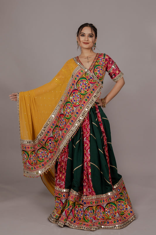 Dark Green Patola Chaniya Choli with Heritage Mirror Work & Mustard Dupatta