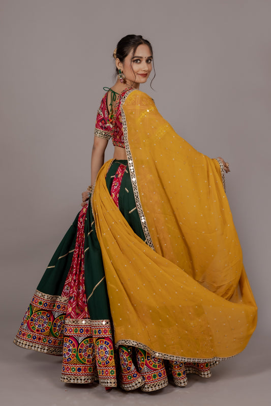 Dark Green Patola Chaniya Choli with Heritage Mirror Work & Mustard Dupatta