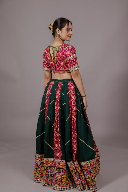 Dark Green Patola Chaniya Choli with Heritage Mirror Work & Mustard Dupatta